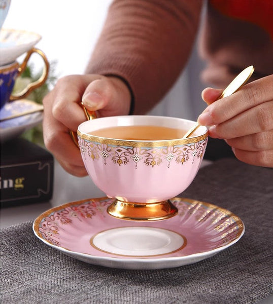 Pink Blue White Bone China Porcelain Tea Cup Set, Unique British Tea Cup and Saucer in Gift Box, Elegant British Ceramic Coffee Cups for Afternoon Tea-LargePaintingArt.com