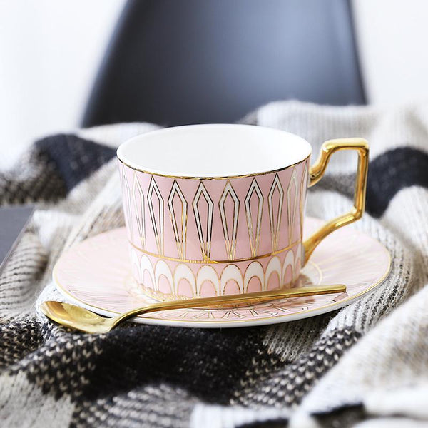 Latte Coffee Cups with Gold Trim and Gift Box, British Tea Cups, Elegant Porcelain Coffee Cups, Tea Cup and Saucer-LargePaintingArt.com
