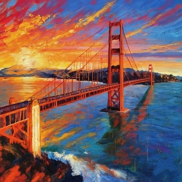 Original Small Landscape Paintings, Heavy Texture Canvas Art, Small Palette Knife Oil Paintings, Easy Landscape Painting Ideas, Simple Small Canvas Paintings, Golden Gate Bridge Sunrise Painting-LargePaintingArt.com