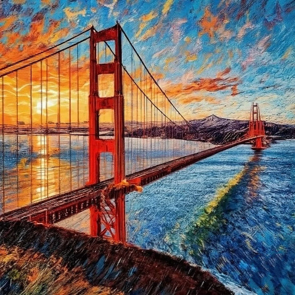 Simple Small Canvas Paintings, Golden Gate Bridge Sunrise Painting, Original Small Landscape Paintings, Heavy Texture Canvas Art, Small Palette Knife Oil Paintings, Easy Landscape Painting Ideas-LargePaintingArt.com