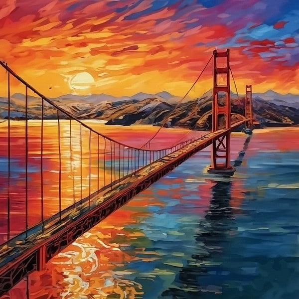 Original Small Landscape Paintings, Golden Gate Bridge Sunset Painting, Heavy Texture Canvas Art, Small Palette Knife Oil Paintings, Easy Landscape Painting Ideas, Simple Small Canvas Paintings-LargePaintingArt.com
