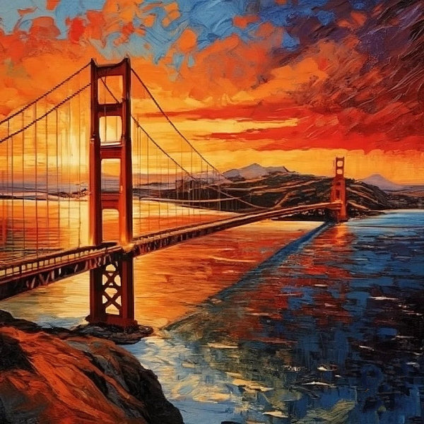 Heavy Texture Canvas Art, Small Palette Knife Oil Paintings, Original Small Landscape Paintings, Golden Gate Bridge Sunset Painting, Easy Landscape Painting Ideas, Simple Small Canvas Paintings-LargePaintingArt.com