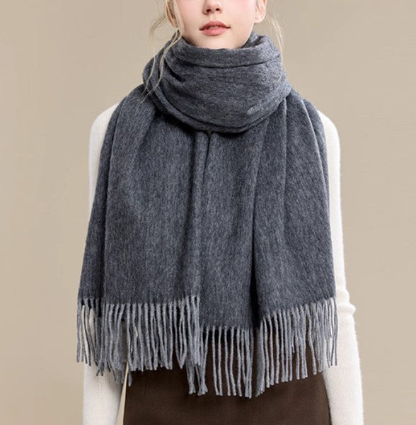 Gifts for Her, Long Wool Scarf, Soft Wool Scarf for Women, Black and Medium Gray Fashion Scarf, Warm Cape, Evening Wrap, Christmas Gift, Winter Shawl, Elegant Shawl-LargePaintingArt.com