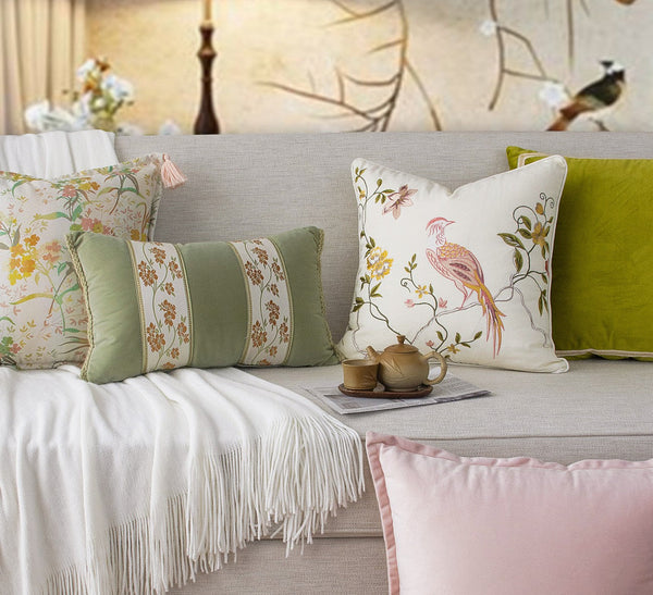 Decorative Pillows for Bed, Living Room Decorative Pillows, Modern Decorative Cushions, Decorative Pillow Arrangement Ideas for Interior Design, Embroidered Floral Bird Pattern Pillow Covers-LargePaintingArt.com