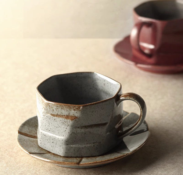 Unique Tea Cup and Saucer, 8 oz Modern Handmade Pottery Coffee Cup, Creative Ceramic Coffee Cup with Saucer, Tea Cup Set for Traditional Afternoon Tea-LargePaintingArt.com