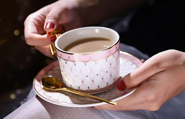 Latte Coffee Cups with Gold Trim and Gift Box, British Tea Cups, Elegant Porcelain Coffee Cups, Tea Cup and Saucer-LargePaintingArt.com