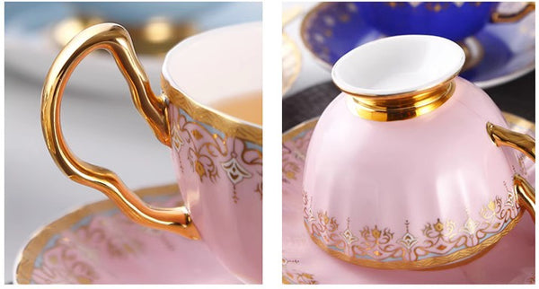 Pink Blue White Porcelain Tea Cup Saucer Set, Unique British Tea Cup and Saucer in Gift Box, Elegant British Ceramic Coffee Cups for Traditional Afternoon Tea-LargePaintingArt.com