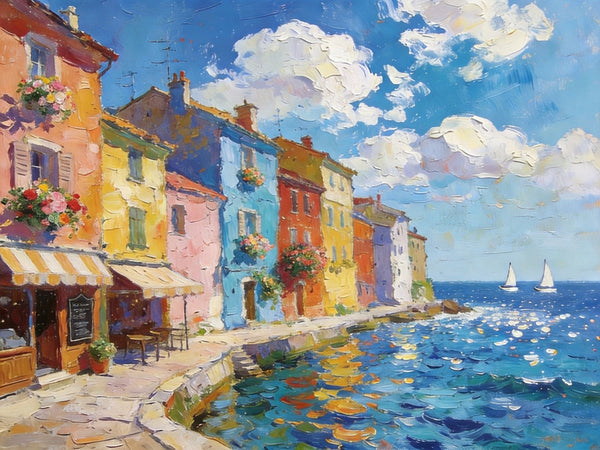 Canvas Paintings for Living Room, Coatal Town Beauty Spot, Hand Painted Canvas Art, BuyOil Paintings Online, Small Wall Art Paintings, Original Landscape Paintings-LargePaintingArt.com