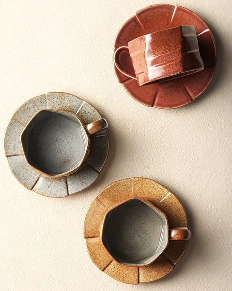 Unique Tea Cup and Saucer, Modern Handmade Pottery Coffee Cup, Creative Ceramic Coffee Cup with Saucer, Tea Cup Set for Afternoon Tea-LargePaintingArt.com