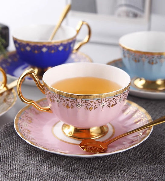 Pink Blue White Porcelain Tea Cup Saucer Set, Unique British Tea Cup and Saucer in Gift Box, Elegant British Ceramic Coffee Cups for Traditional Afternoon Tea-LargePaintingArt.com