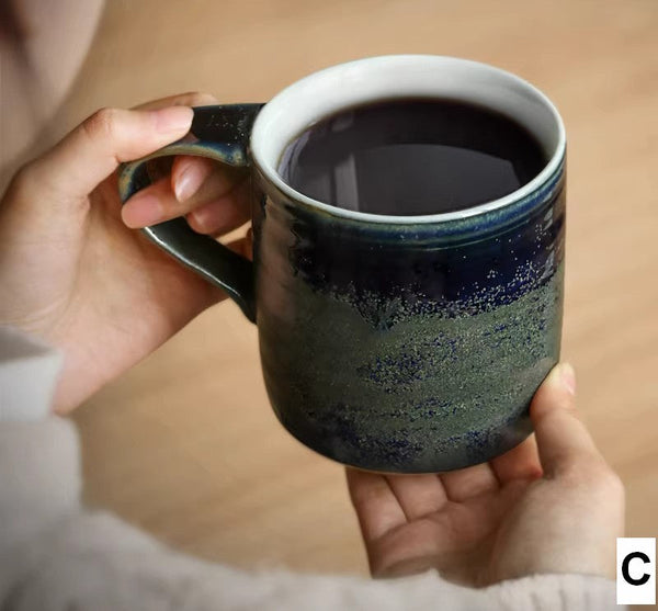 Blue Green Black Ceramic Coffee Mugs, Creative Handmade Coffee Mugs, Large Modern Handmade Pottery Coffee Cup, Large Capacity Coffee Mugs-LargePaintingArt.com