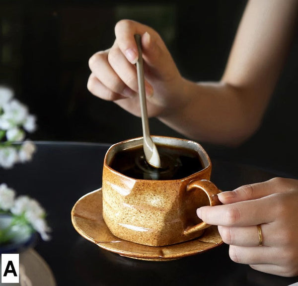 Unique Tea Cup and Saucer, Modern Handmade Pottery Coffee Cup, Creative Ceramic Coffee Cup with Saucer, Tea Cup Set for Afternoon Tea-LargePaintingArt.com