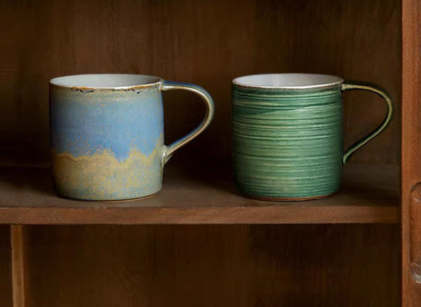 Blue Green Black Ceramic Coffee Mugs, Creative Handmade Coffee Mugs, Large Modern Handmade Pottery Coffee Cup, Large Capacity Coffee Mugs-LargePaintingArt.com