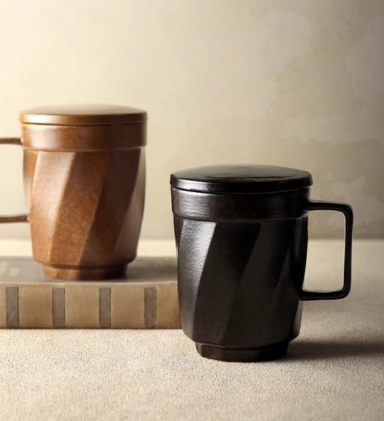 Creative Brown Green Blue Black Ceramic Coffee Mugs, Large Modern Handmade Pottery Coffee Cup, Large Unique Tea Cup, Large Capacity Coffee Mug with Cover-LargePaintingArt.com