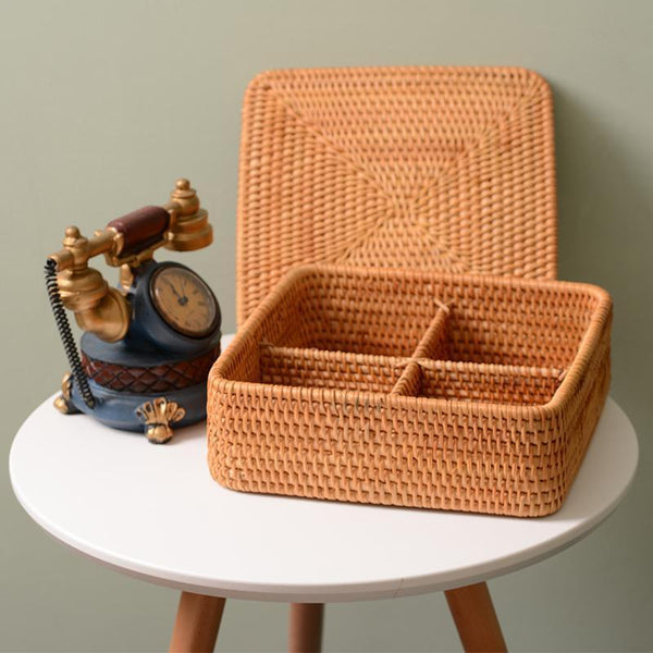 Storage Basket with Lid, Rattan Square Basket, Storage Basket with Lid, Kitchen Storage Baskets-LargePaintingArt.com