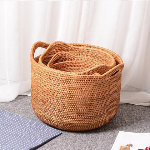 Large Woven Storage Basket with Handle, Large Rattan Basket, Large Round Storage Basket for Bathroom-LargePaintingArt.com