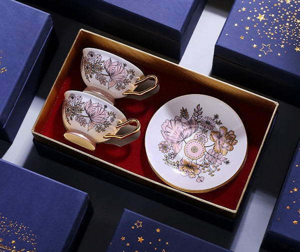 Elegant Ceramic Coffee Cups, Afternoon British Tea Cups, Unique Iris Flower Tea Cups and Saucers in Gift Box, Royal Bone China Porcelain Tea Cup Set-LargePaintingArt.com