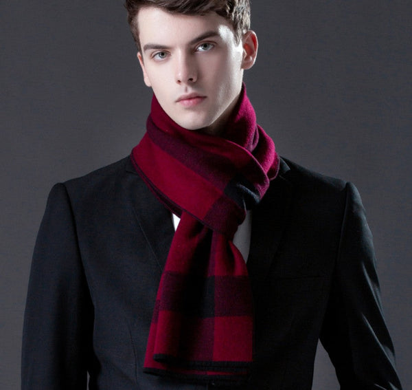 Cashmere Scarf for Gentleman, Long Thick Wool Scarf, Men's Winter Scarf, Red Gray Fashion Scarf, Christmas Gift for Men, Men's Wool Scarf Winter-LargePaintingArt.com