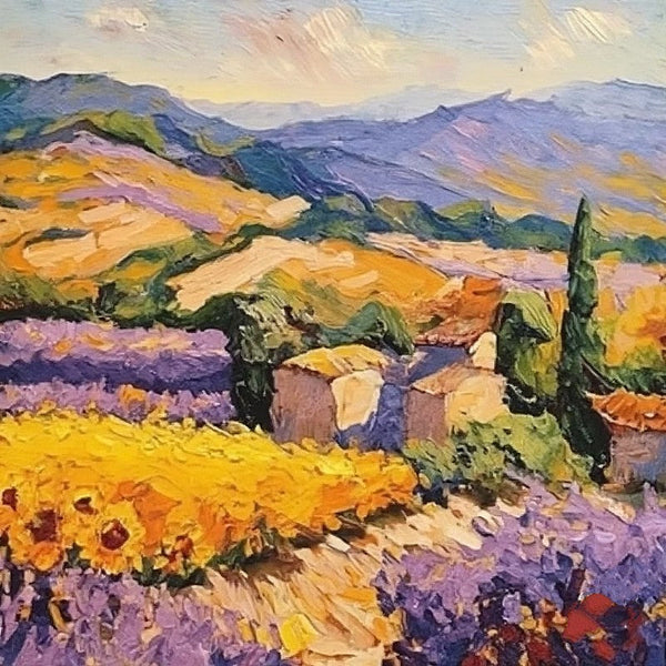Original Small Landscape Paintings, Simple Small Canvas Paintings, Provence Lavender and Sunflower Field Cypress Tree Painting, Heavy Texture Canvas Art, Easy Landscape Painting Ideas-LargePaintingArt.com