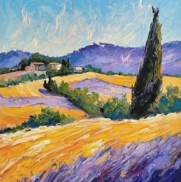 Original Small Landscape Paintings, Heavy Texture Acrylic Artwork, Easy Landscape Painting Ideas, Provence Lavender Field Cypress Tree Painting, Simple Small Canvas Paintings-LargePaintingArt.com