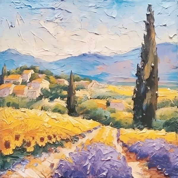 Original Small Landscape Paintings, Simple Small Canvas Paintings, Provence Lavender and Sunflower Field Cypress Tree Painting, Heavy Texture Canvas Art, Easy Landscape Painting Ideas-LargePaintingArt.com
