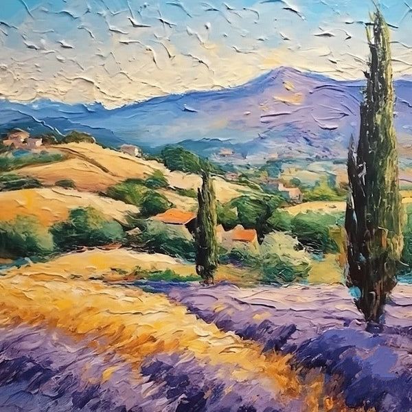 Original Small Landscape Paintings, Provence Lavender Field Cypress Tree Painting, Simple Small Canvas Paintings, Heavy Texture Acrylic Artwork, Easy Landscape Painting Ideas-LargePaintingArt.com