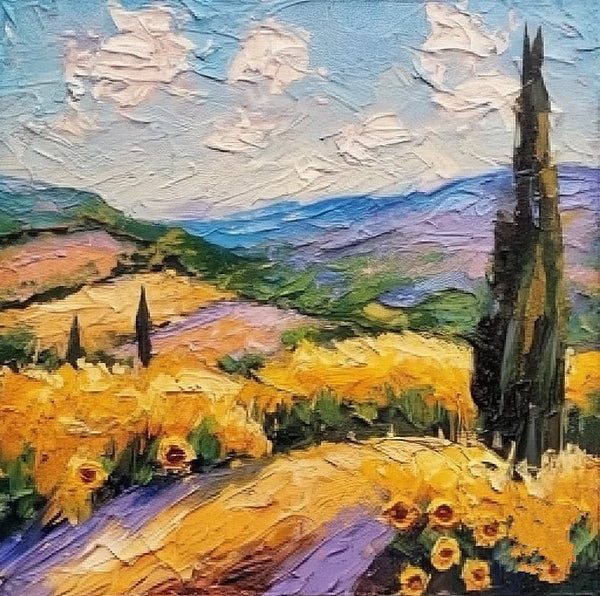 Heavy Texture Acrylic Artwork, Easy Landscape Painting Ideas, Original Small Landscape Paintings, Provence Sunflower Field Cypress Tree Painting, Simple Small Canvas Paintings-LargePaintingArt.com