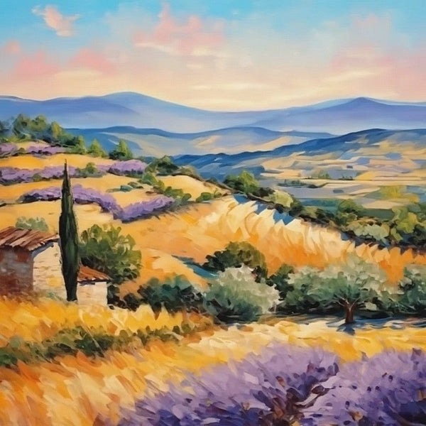 Simple Small Canvas Paintings, Original Small Landscape Paintings, Heavy Texture Acrylic Artwork, Easy Landscape Painting Ideas, Provence Lavender Field Cypress Tree Painting-LargePaintingArt.com