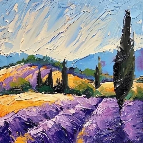 Original Small Landscape Paintings, Provence Lavender Field Cypress Tree Painting, Simple Small Canvas Paintings, Heavy Texture Acrylic Artwork, Easy Landscape Painting Ideas-LargePaintingArt.com