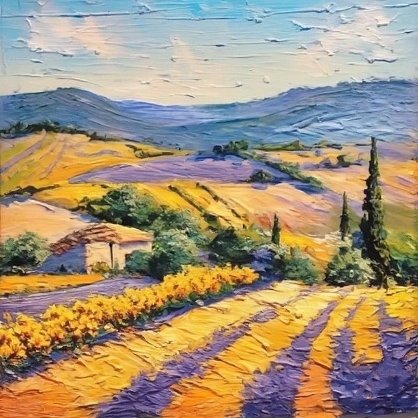 Provence Lavender Field Cypress Tree Painting, Simple Small Canvas Paintings, Original Small Landscape Paintings, Heavy Texture Acrylic Artwork, Easy Landscape Painting Ideas for Home Decor-LargePaintingArt.com