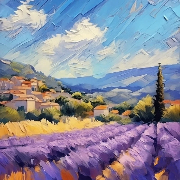 Simple Small Canvas Paintings, Heavy Texture Acrylic Artwork, Easy Landscape Painting Ideas, Original Small Landscape Paintings, Provence Lavender Field Cypress Tree Painting-LargePaintingArt.com