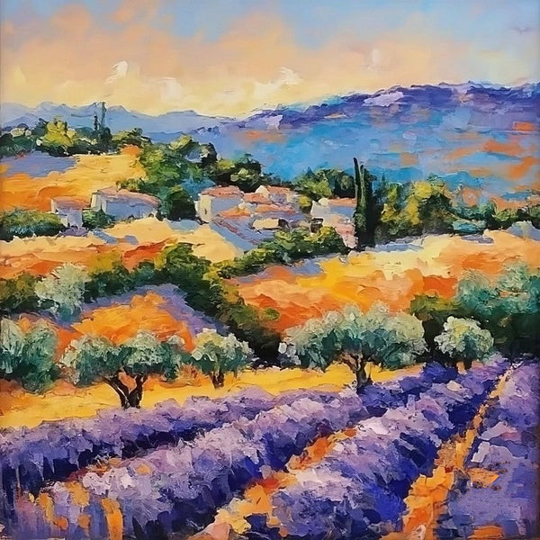 Small Hand Painted Art, Heavy Texture Hand Painted Art, Easy Landscape Painting Ideas, Provence Lavender Field Cypress Tree Painting, Simple Small Canvas Paintings-LargePaintingArt.com
