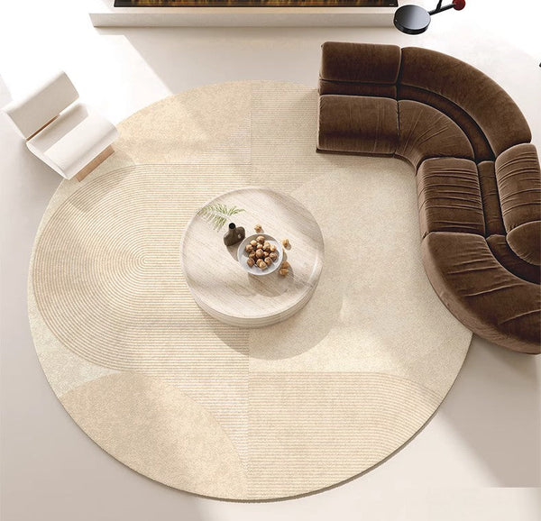 Modern Rugs for Living Room, Contemporary Cream Color Rugs for Bedroom, Circular Modern Rugs under Chairs, Geometric Round Rugs for Dining Room-LargePaintingArt.com