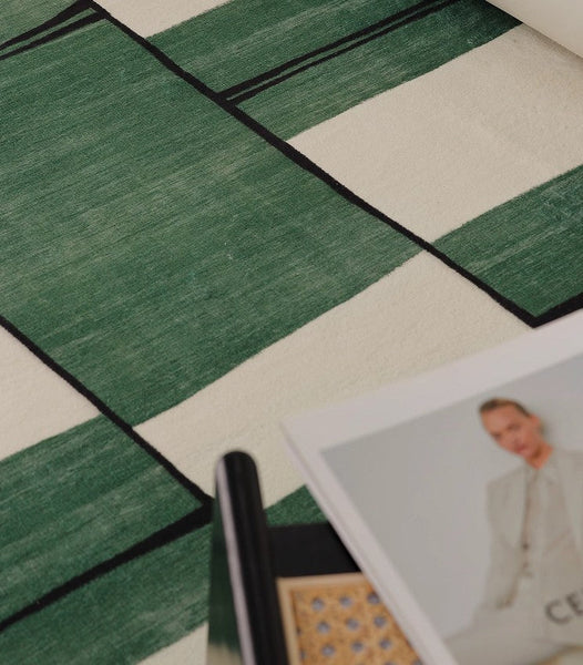 Soft Modern Rugs under Dining Room Table, Contemporary Modern Rugs, Green Geometric Carpets, Abstract Modern Rugs for Living Room-LargePaintingArt.com