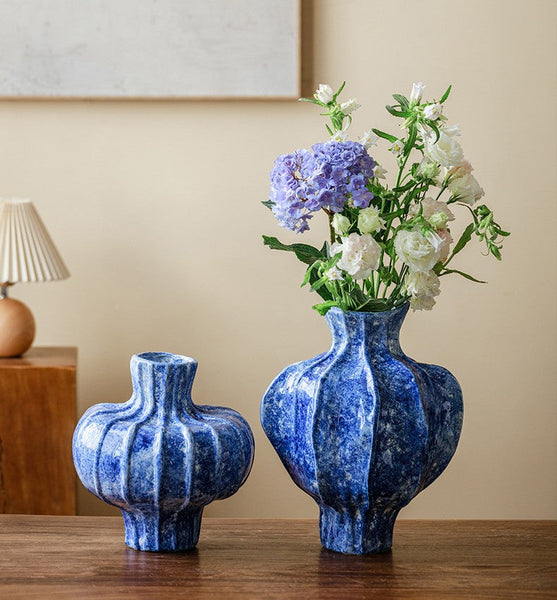 Modern Pottery Flower Vases, Handmade Water Holding Flower Vases, Centerpiece on Dining Table, Blue Ceramic Bud Vases, Tall Flower Vases on Table-LargePaintingArt.com