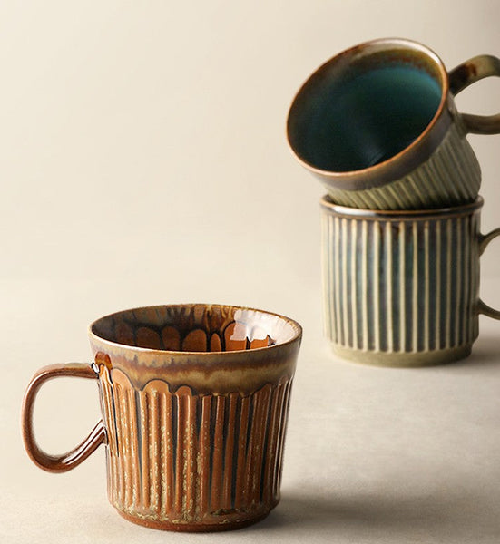 Large Modern Handmade Pottery Coffee Cup, Large Capacity Coffee Mugs, Unique Tea Cup, Creative Brown Green Ceramic Coffee Mugs-LargePaintingArt.com