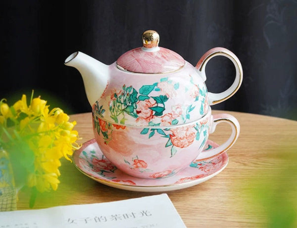 Mother-and-Baby Teapot with Matching Saucer, Vintage Style Stackable Tea Pot Set, Ceramic Tea Pot with Integrated Cup, English Style Tea Pot and Cup Set-LargePaintingArt.com