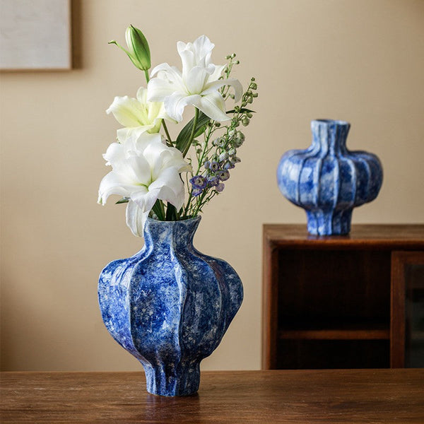 Modern Pottery Flower Vases, Handmade Water Holding Flower Vases, Centerpiece on Dining Table, Blue Ceramic Bud Vases, Tall Flower Vases on Table-LargePaintingArt.com