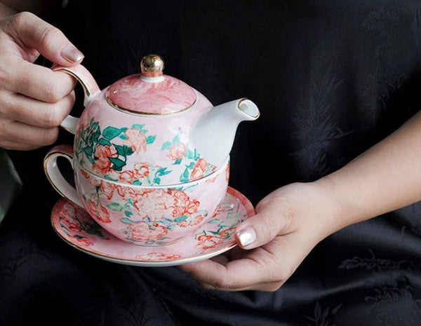 Ceramic Tea Pot with Integrated Cup, Mother-and-Baby Teapot with Matching Saucer, Vintage Style Stackable Tea Pot Set, English Style Tea Pot and Cup Set-LargePaintingArt.com