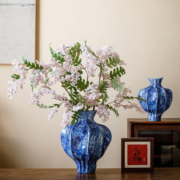 Modern Pottery Flower Vases, Handmade Water Holding Flower Vases, Centerpiece on Dining Table, Blue Ceramic Bud Vases, Tall Flower Vases on Table-LargePaintingArt.com