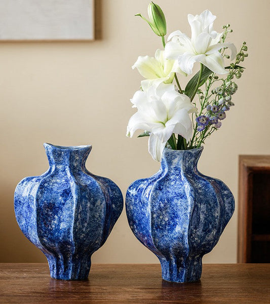 Modern Pottery Flower Vases, Handmade Water Holding Flower Vases, Centerpiece on Dining Table, Blue Ceramic Bud Vases, Tall Flower Vases on Table-LargePaintingArt.com