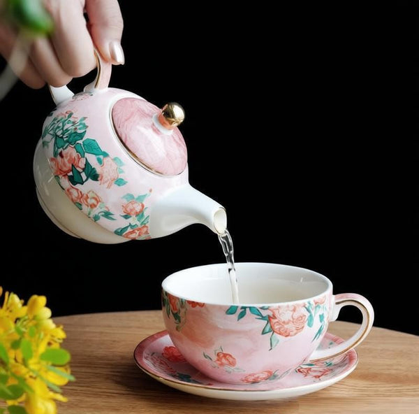 Mother-and-Baby Teapot with Matching Saucer, Vintage Style Stackable Tea Pot Set, Ceramic Tea Pot with Integrated Cup, English Style Tea Pot and Cup Set-LargePaintingArt.com