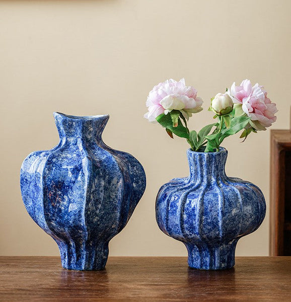 Modern Pottery Flower Vases, Handmade Water Holding Flower Vases, Centerpiece on Dining Table, Blue Ceramic Bud Vases, Tall Flower Vases on Table-LargePaintingArt.com