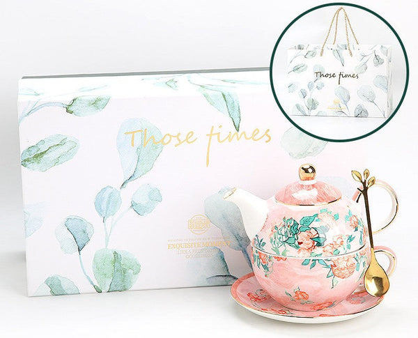 Ceramic Tea Pot with Integrated Cup, Mother-and-Baby Teapot with Matching Saucer, Vintage Style Stackable Tea Pot Set, English Style Tea Pot and Cup Set-LargePaintingArt.com
