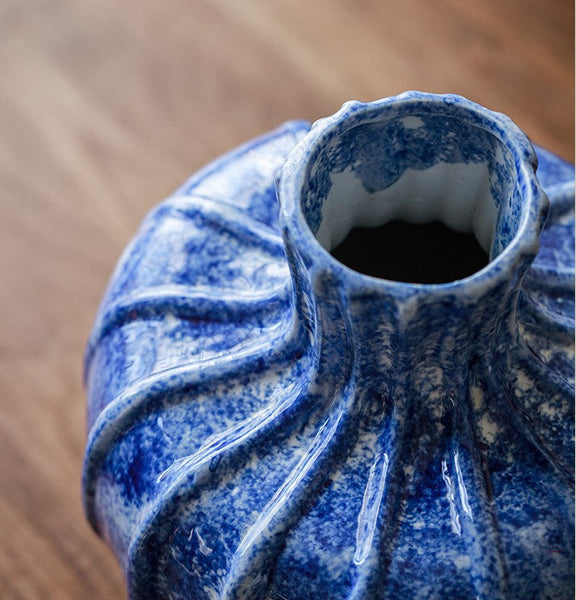 Modern Pottery Flower Vases, Handmade Water Holding Flower Vases, Centerpiece on Dining Table, Blue Ceramic Bud Vases, Tall Flower Vases on Table-LargePaintingArt.com