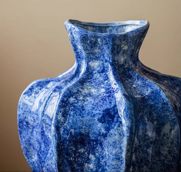 Modern Pottery Flower Vases, Handmade Water Holding Flower Vases, Centerpiece on Dining Table, Blue Ceramic Bud Vases, Tall Flower Vases on Table-LargePaintingArt.com