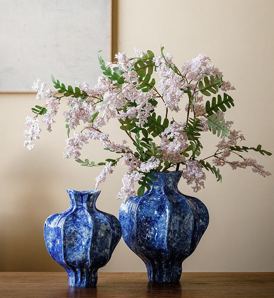 Handmade Water Holding Flower Vases, Centerpiece on Dining Table, Blue Ceramic Bud Vases, Tall Flower Vases on Table, Modern Pottery Flower Vases-LargePaintingArt.com