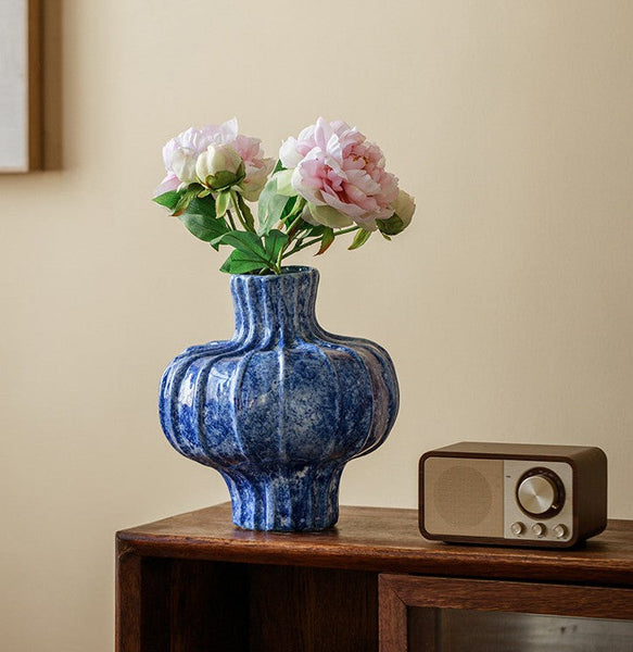 Modern Pottery Flower Vases, Handmade Water Holding Flower Vases, Centerpiece on Dining Table, Blue Ceramic Bud Vases, Tall Flower Vases on Table-LargePaintingArt.com