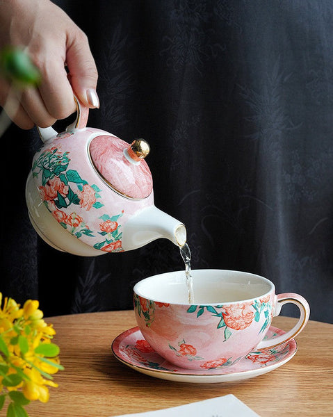 Mother-and-Baby Teapot with Matching Saucer, Vintage Style Stackable Tea Pot Set, Ceramic Tea Pot with Integrated Cup, English Style Tea Pot and Cup Set-LargePaintingArt.com