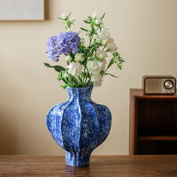 Handmade Water Holding Flower Vases, Centerpiece on Dining Table, Blue Ceramic Bud Vases, Tall Flower Vases on Table, Modern Pottery Flower Vases-LargePaintingArt.com